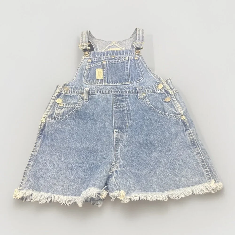 VTG Carters Watch The Wear Girls Blue Denim‎ Raw Hem Shortalls Overalls Sz 6X